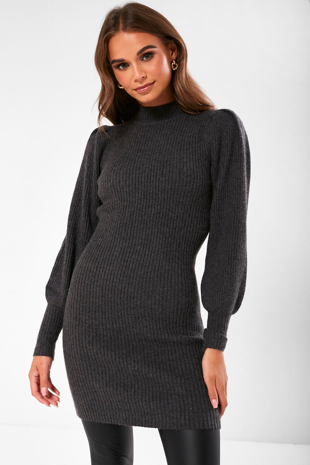 Only Katia Long Sleeve Knit Dress in Dark Grey | iCLOTHING - iCLOTHING
