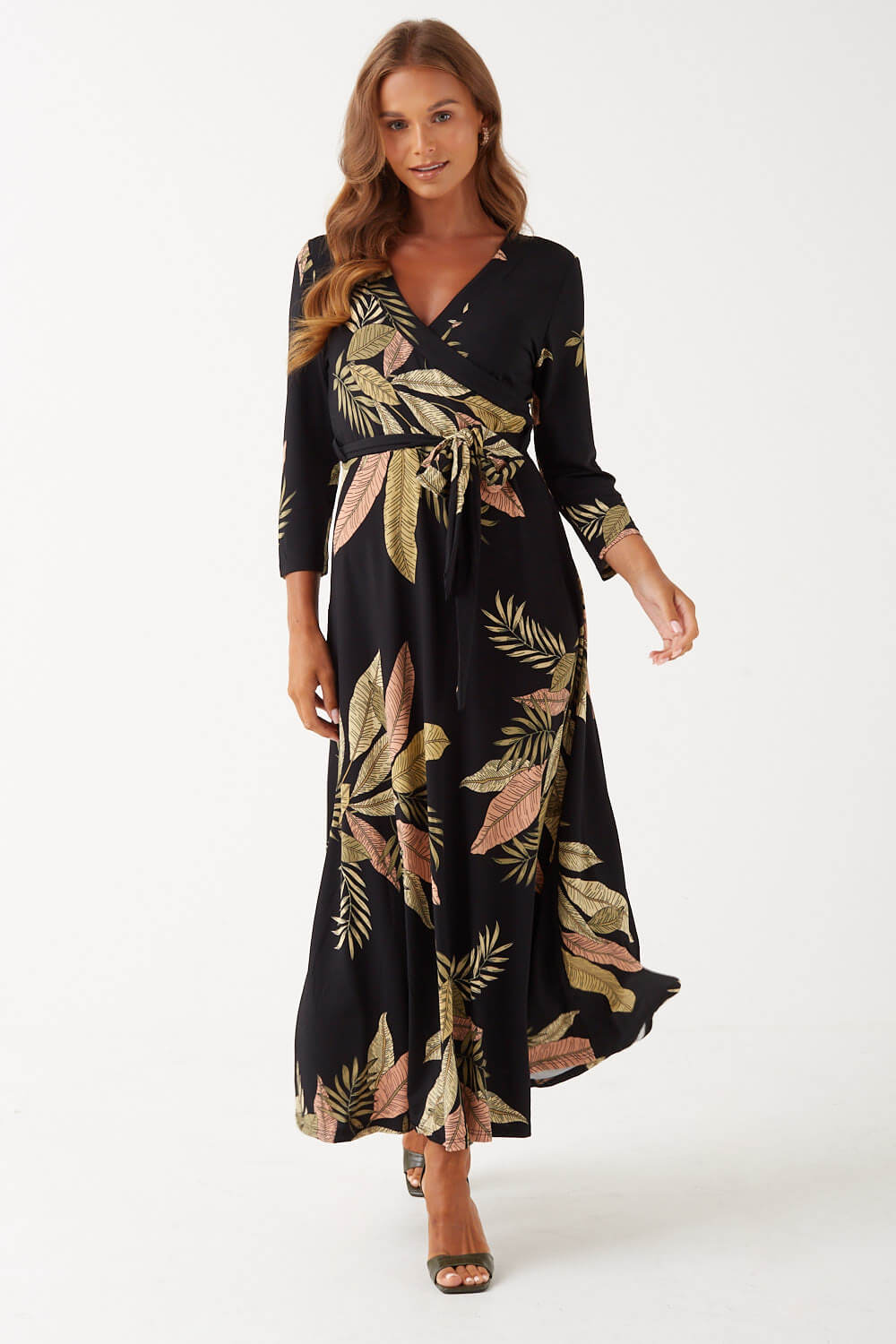 Stella Leaf Print Midi Dress in Black | iCLOTHING - iCLOTHING
