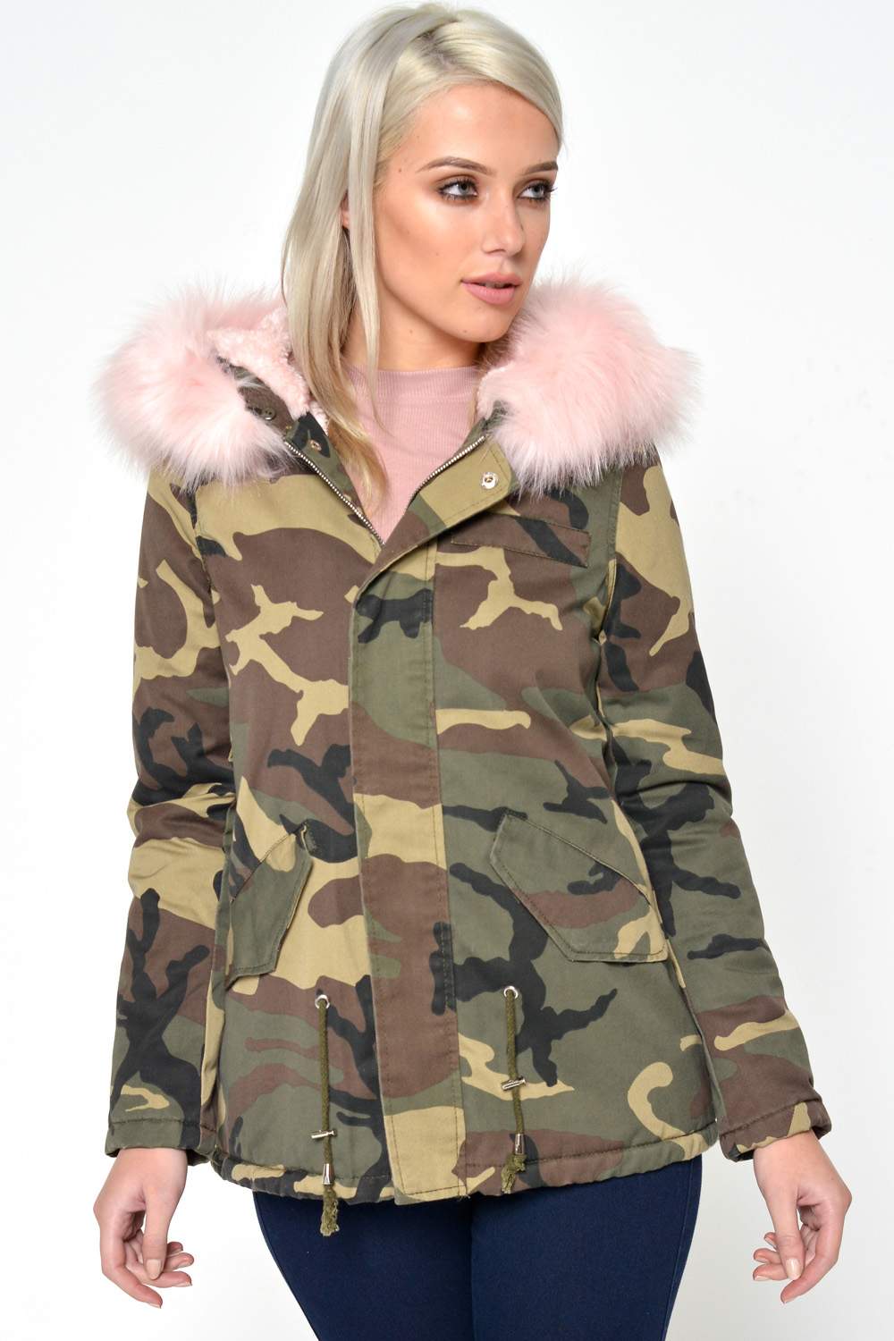 Yu Me Polly Camouflage Fur Trim Jacket in Pink | iCLOTHING - iCLOTHING