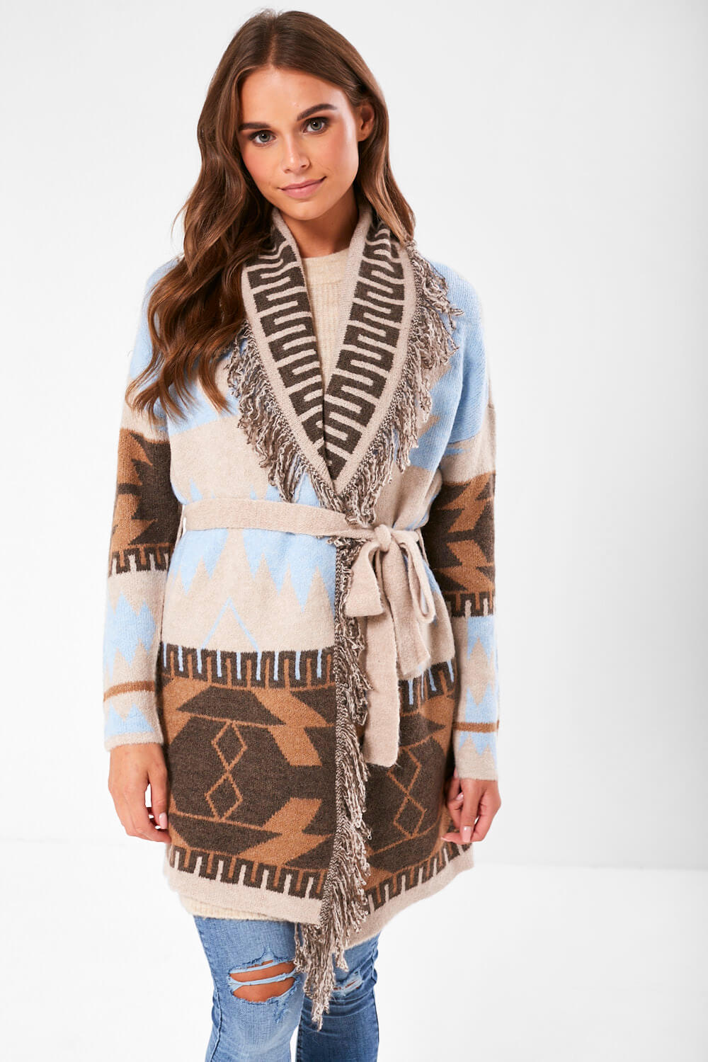 Hollister Women Sweater Medium Beige Blue Geometric Aztec Cardigan Tunic  READ