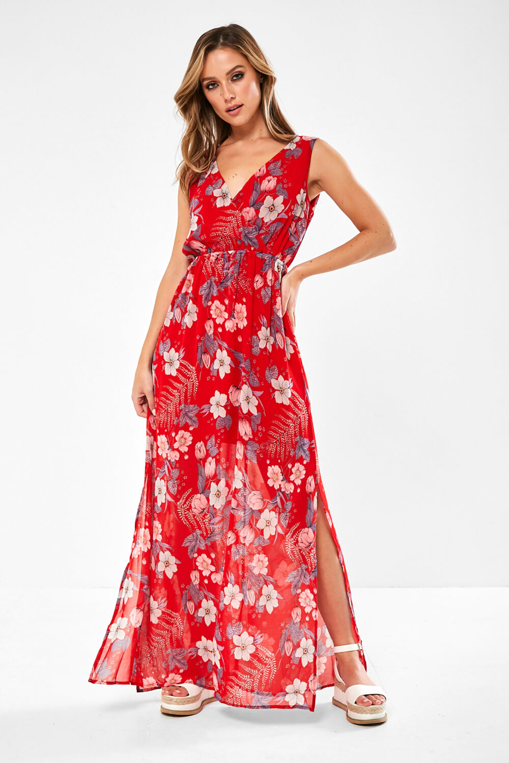 Stella Noelle Sleeveless Floral Print Dress in Red | iCLOTHING - iCLOTHING