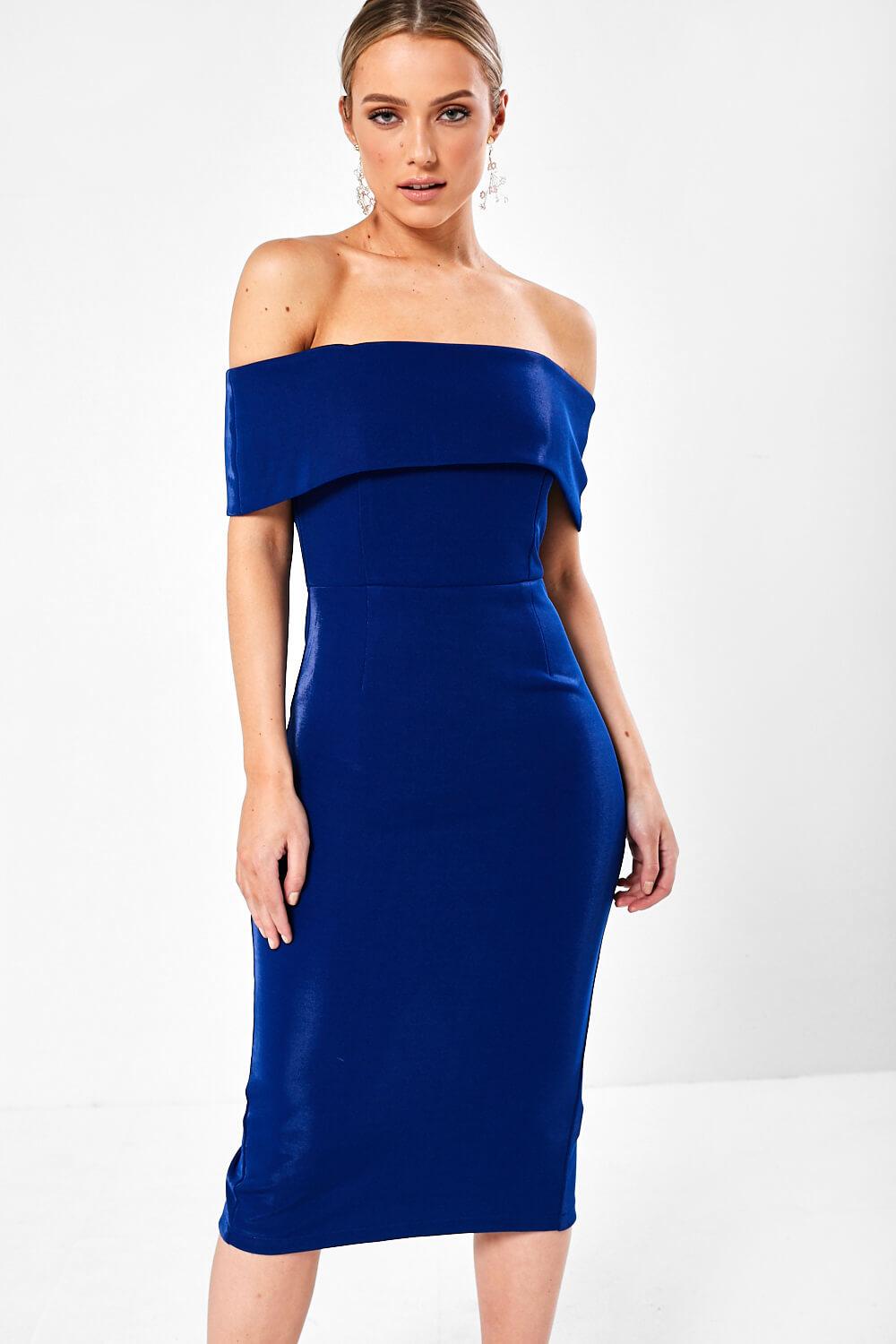 Maisy Fallon Off Shoulder Midi Dress in Royal Blue | iCLOTHING - iCLOTHING