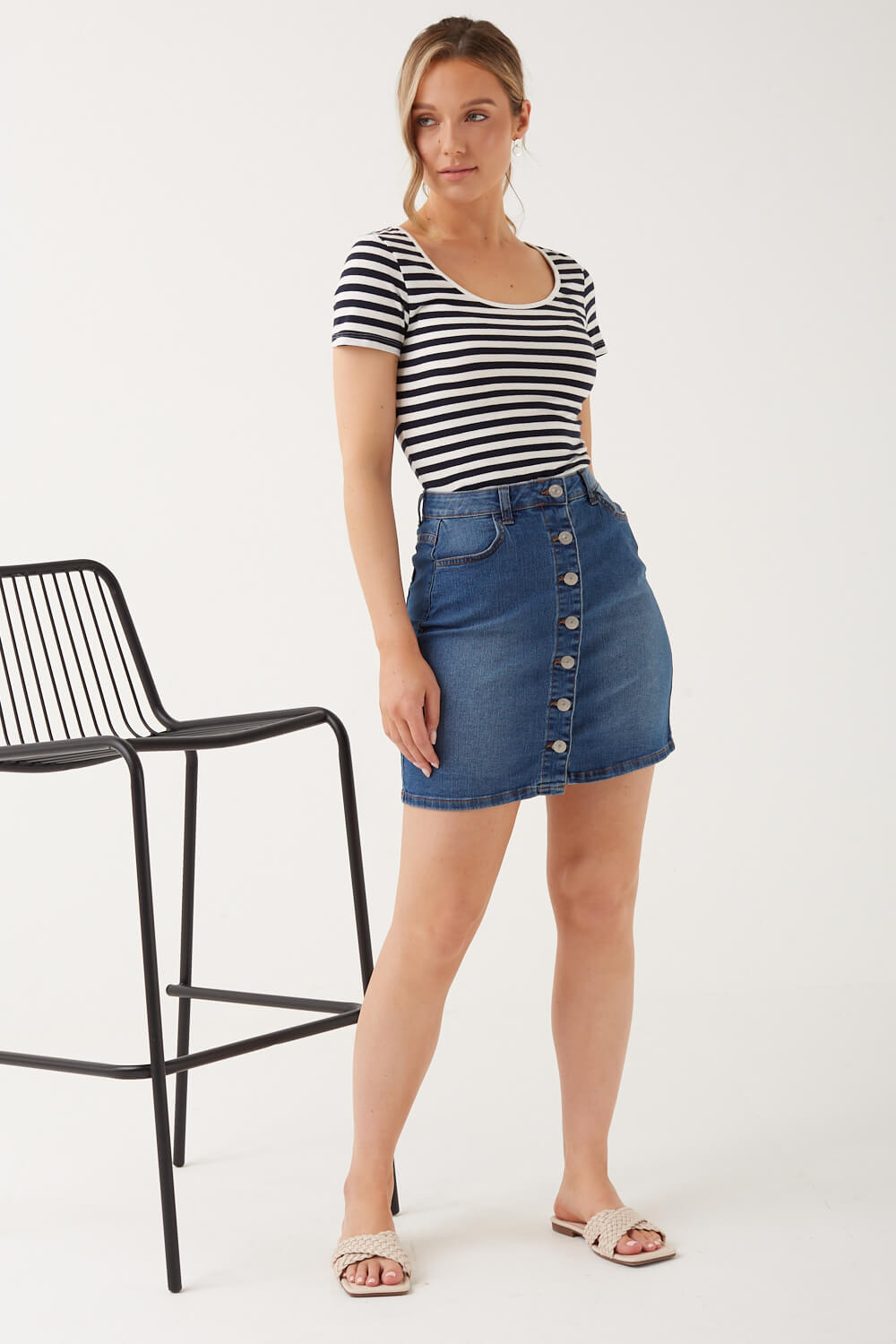Pieces Peggy High Waisted Button Down Skirt in Mid Wash Denim