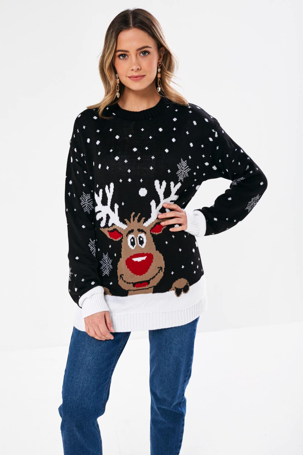 Rudolph The Reindeer Christmas Jumper in Black | iCLOTHING - iCLOTHING