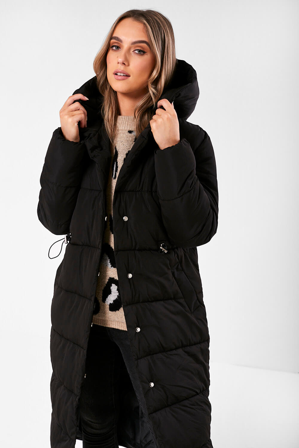 Pixie Daisy Renee Longline Puffer Jacket in Black | iCLOTHING - iCLOTHING
