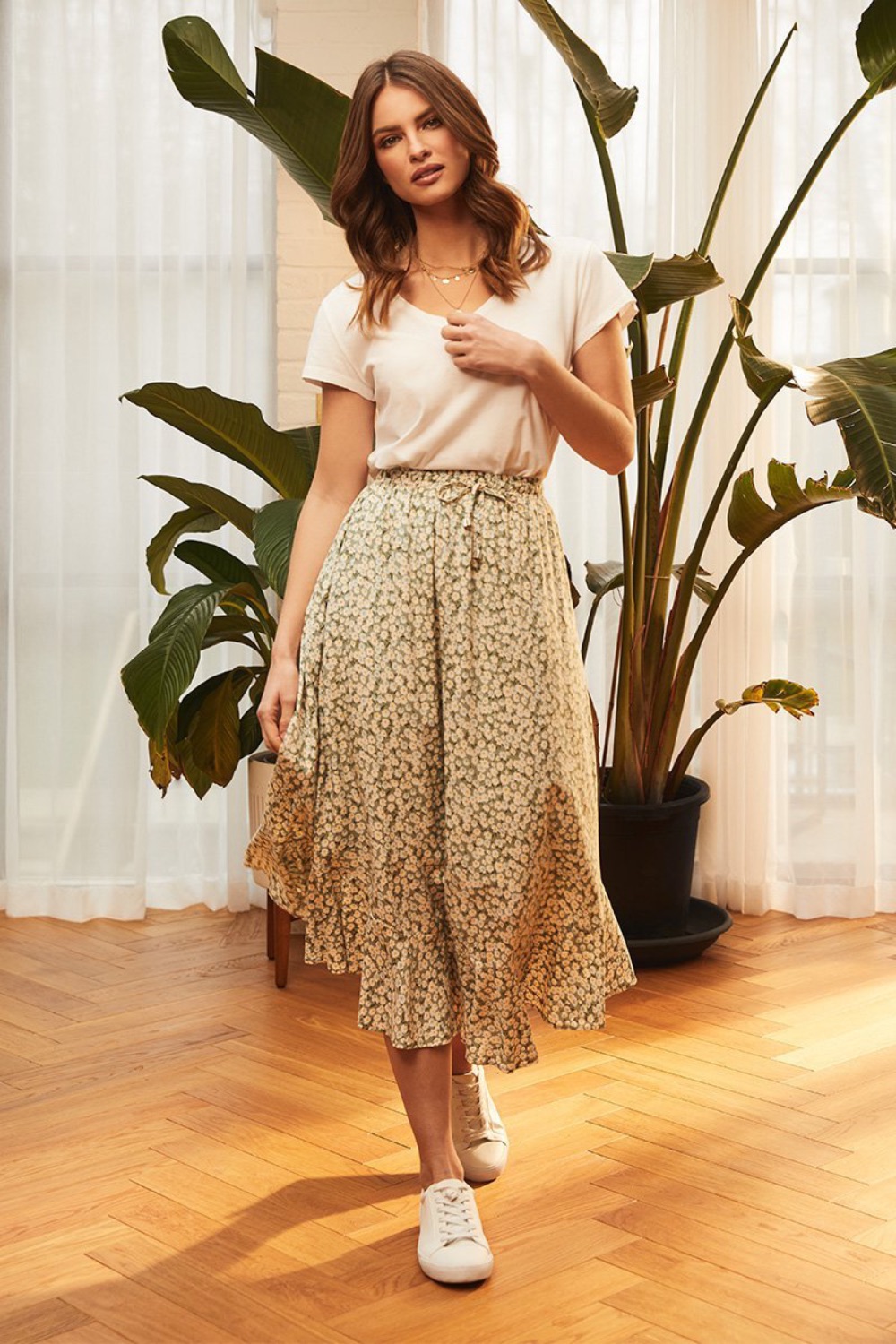 Floral Buttoned Front Slit Skirt Floral S