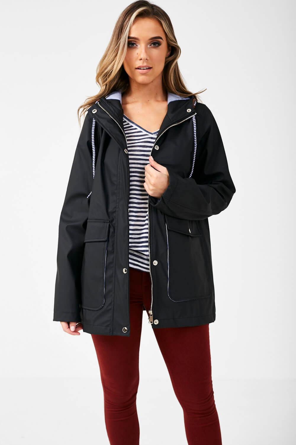 Lilly Stripe Lined Raincoat in Black | iCLOTHING - iCLOTHING