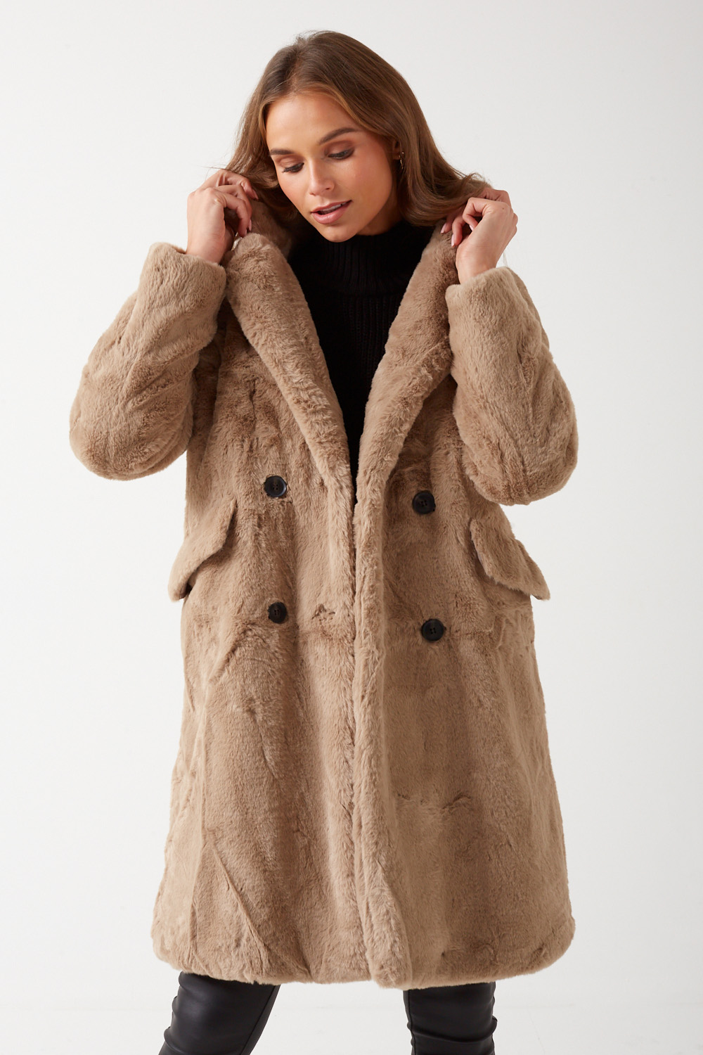 Long Faux Fur Coat in Beige | iCLOTHING - iCLOTHING