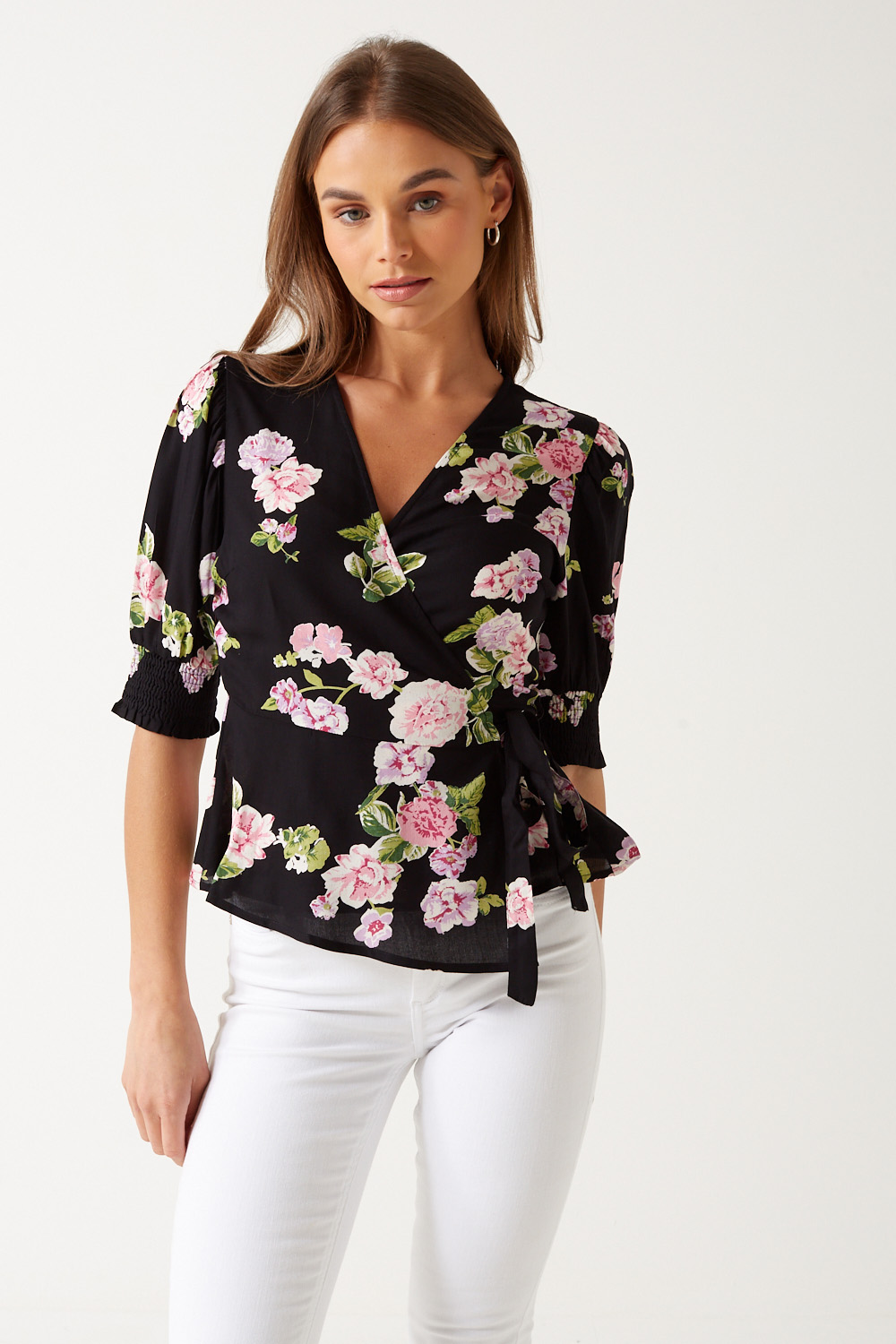 Pieces Tala Floral Print Wrap Top in Black | iCLOTHING - iCLOTHING