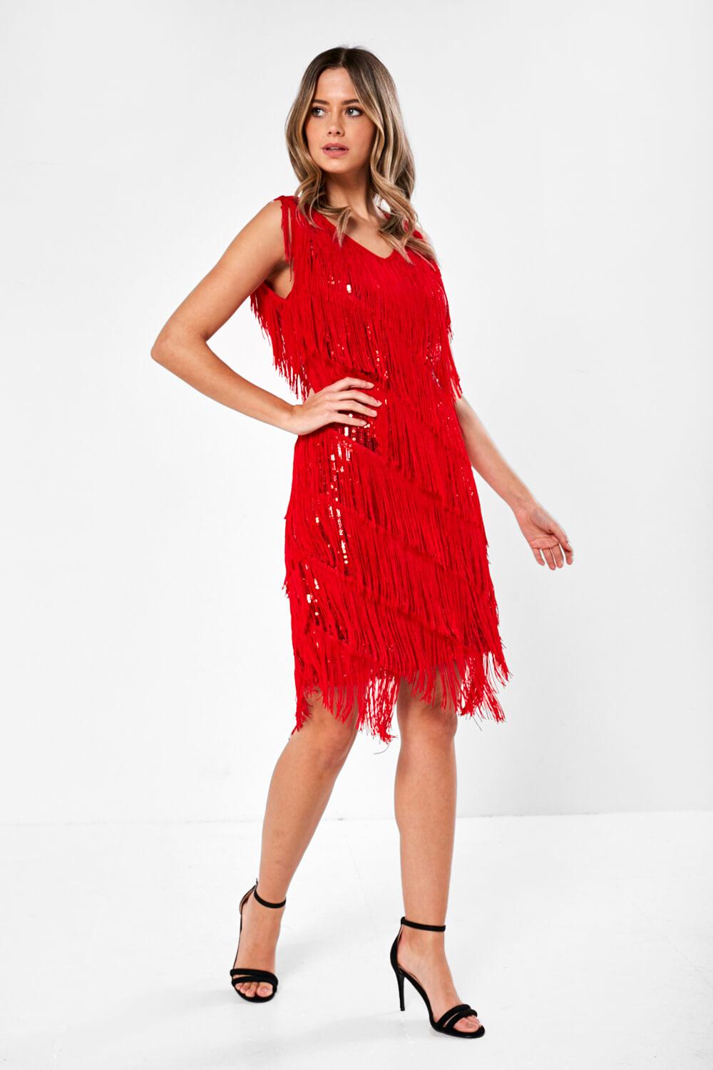 Stella Tanit Fringe and Sequin Dress in Red | iCLOTHING - iCLOTHING