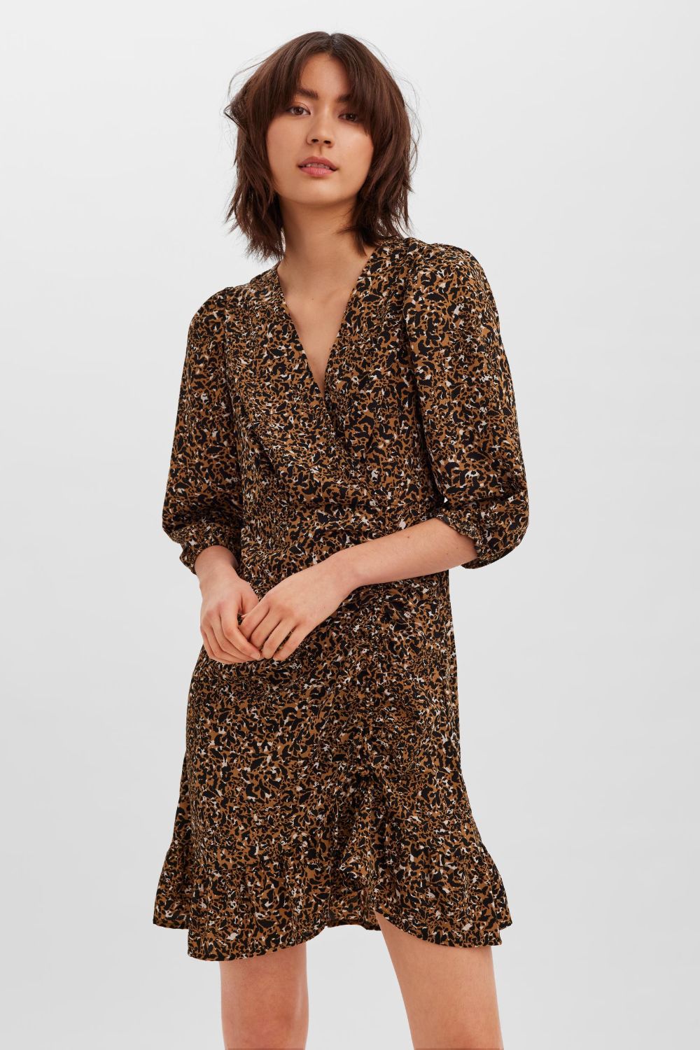 Vero Moda Olga Long Sleeve Animal Print Wrap Dress in Brown | iCLOTHING -  iCLOTHING