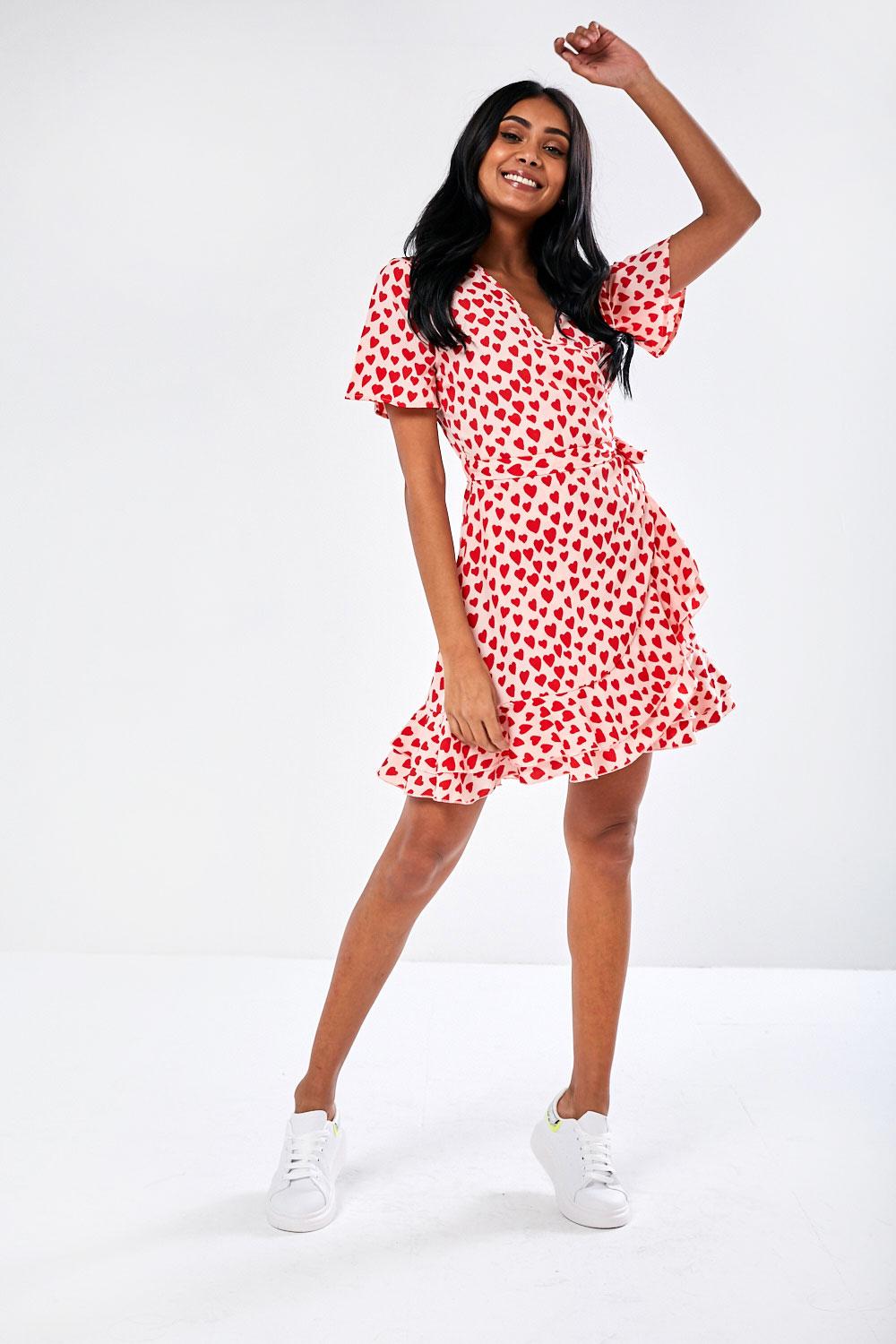 Influence Tammy Wrap Dress in Pink and Red Heart Print | iCLOTHING -  iCLOTHING